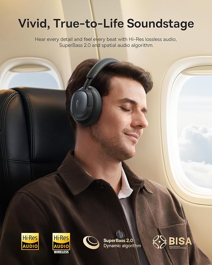 Baseus Bowie MH1 Adaptive Active Noise Cancelling Headphones, Real-Time Adaptive Hybrid ANC, SuperBass 2.0, LDAC Hi-Res Sound, 80H Playtime, Comfortable Fit, Clear Calls, Bluetooth 6.0 -Cosmic Black