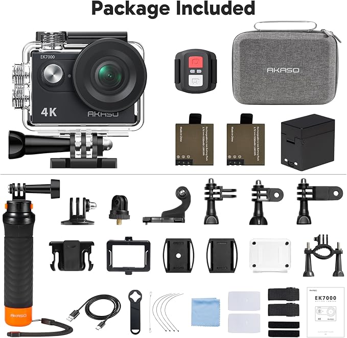 AKASO EK7000 4K30fps 20MP Action Camera EIS Ultra HD 131FT Waterproof Underwater Camera with Waterproof Floating Hand Grip Bundle and Carrying Case Helmet Accessories Kit Bundle