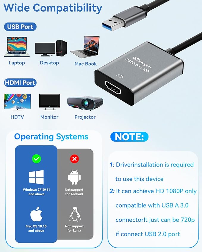 USB to HDMI Adapter for Laptop,USB hub,USB A 3.0 to HDMI Display Expander (USB 3.0-Silver)