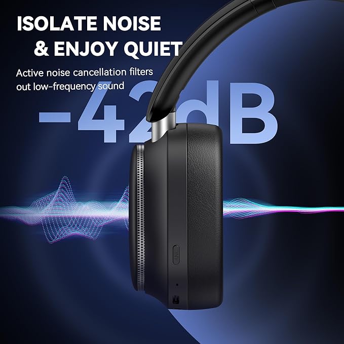 Hybrid Active Noise Cancelling Headphones, Over Ear Bluetooth 6.0 Wireless Headphones, 50H Playtime, Deep Bass, HiFi Stereo Sound, Lightweight Foldable for Travel, Home and Office（Black）