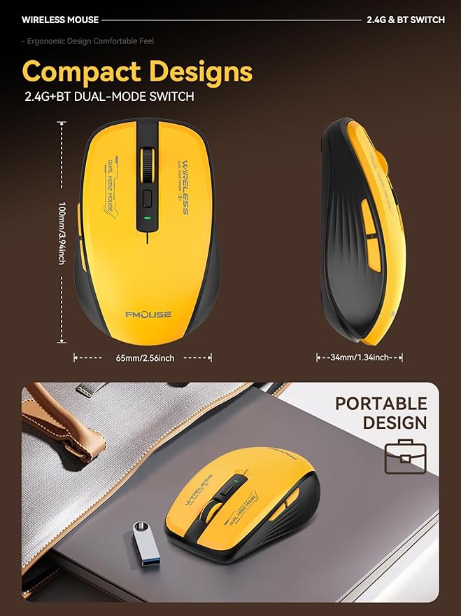 Bluetooth Mouse, Bluetooth 5.1 + 2.4GHz USB + USB-C Dongle, Wireless Mouse Tri-Mode, with Forward/Backward Side Keys, Silent Click, Side Buttons, Portable for Laptop, Mac, iPad (Yellow Black)