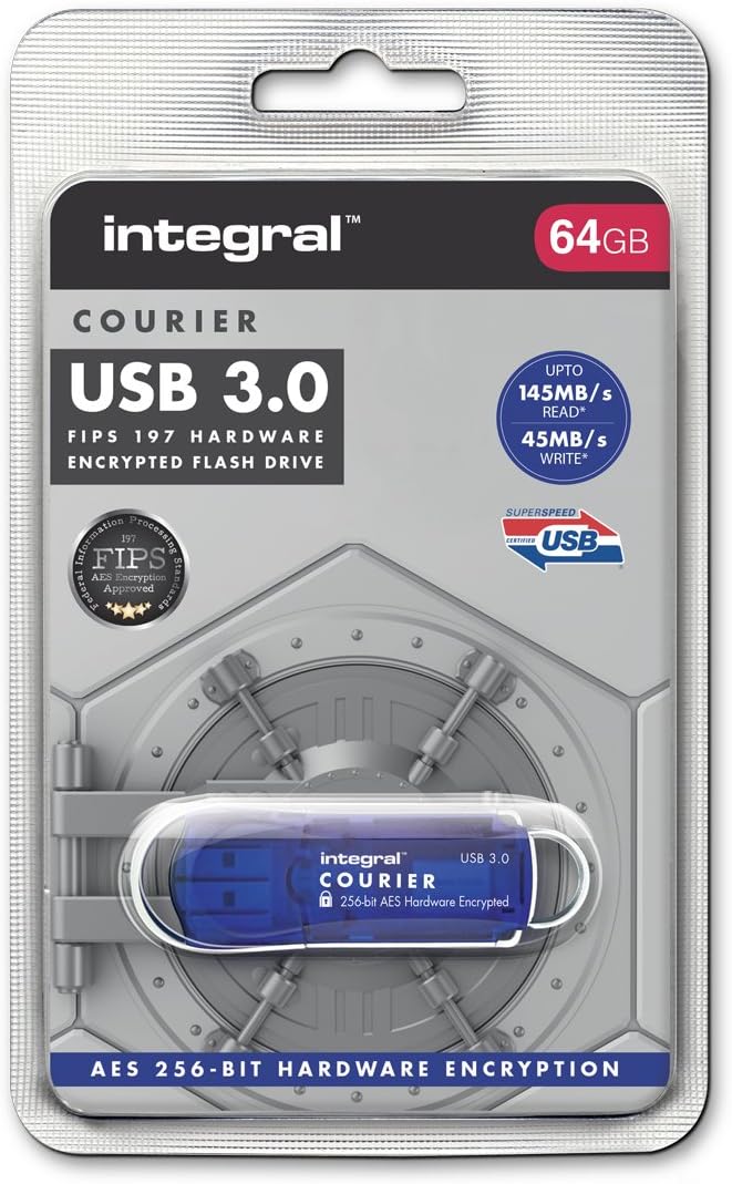 Integral 64GB Courier-197 256-Bit Hardware Encrypted 3.0 USB Secure Flash Memory Drive - Certified to FIPS 197, Brute-Force Password Attack Protection & Super USB3.0 Transfer Speeds