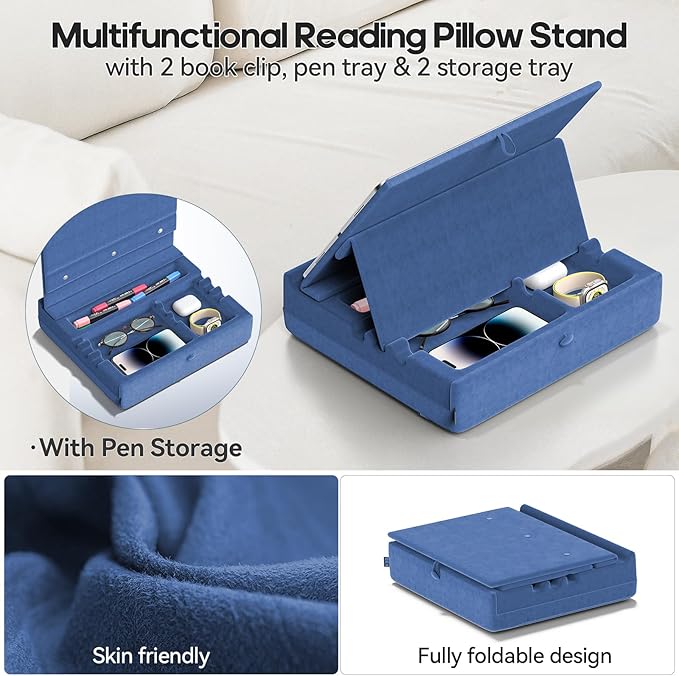 KDD Book Stand with Storage, Multi-Angle Viewing Reading Tablet Holder for Lap, Bed, Desk and Couch, Foldable I-pad Pillow Holder with Organizer Tray for Book,Tablet, Cell Phone, (4.7"-15") Blue