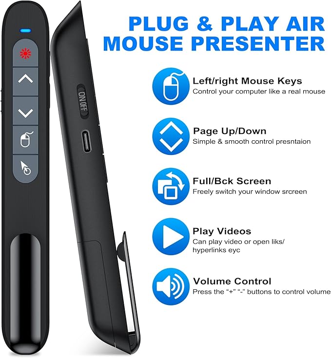 2 in 1 USB Type C Wireless Presenter Remote with Air Mouse, Rechargeable Presentation Clicker PPT Pointer RF 2.4GZ PowerPoint Clicker Slide Advancer for Computer Mac