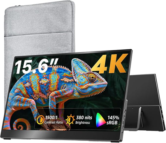 Portable Monitor 15.6 inch 4K UHD 145% sRGB 60Hz, Travel Monitor for Laptop MacBook Surface PC Xbox PS5, HDMI Dual USB-C VESA Compatible Built-in Speaker, with Kickstand