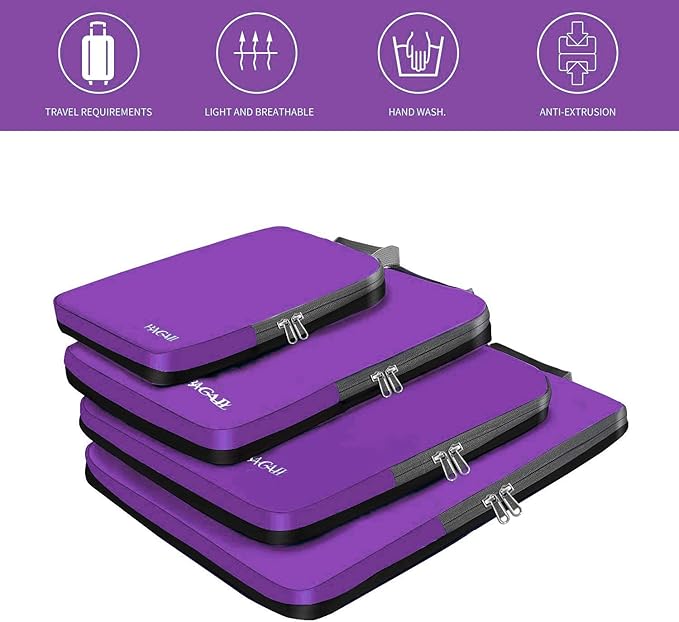 BAGAIL 4 Set/6 Set/8 Set Compression Packing Cubes Travel Accessories Expandable Packing Organizers (Cloth Pattern, 4-Purple)