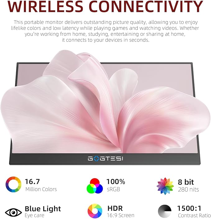 Wireless Portable Monitor 15.6 Inch 1080P FHD Ultra Slim Display WiFi Connectivity 180° Adjustable Built-in Stand Lightweight Travel Monitor for Laptop, MAC, Phone, PS5