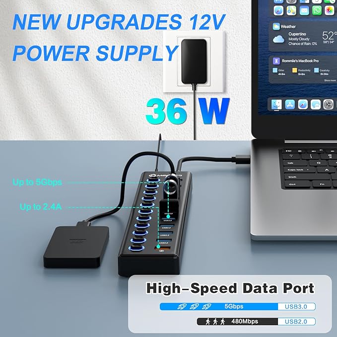 Powered USB Hub, MENKSID 11-Port USB Hub, 10 USB 3.0 Data Transfer Ports + 1 Smart Charging Port, Independent Switch (with LED Power Indicator), USB 3.0 Hub Powered with Power Adapter for Mac, PC