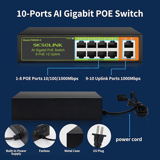 Gigabit 10-Port PoE+ Switch (8 PoE+ Ports, 2 Uplink), 802.3af/at, 120W Total Power, 1000Mbps, Unmanaged, Fanless, Metal Plug and Play, Suitable for IP Cameras, Networking Devices & Home Office.