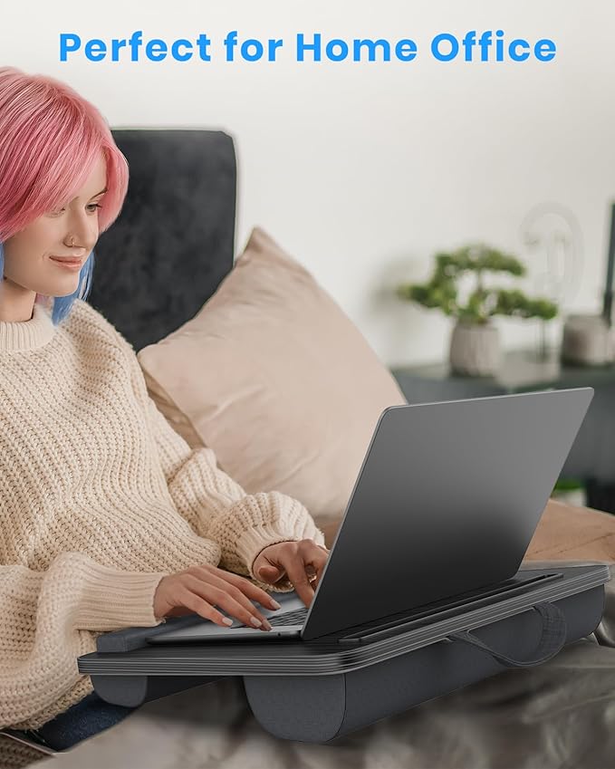 Portable Lap Desk, Laptop Stand for Bed with Soft Wrist Rest, Tablet/Phone Slot, Fabric Handle, Laptop Bed Desk with Cushion (Black)