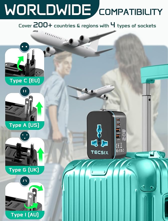 Universal Travel Adapter Worldwide PD 20W, TECSIX International Power Adapter Fast Charging with 2 USB C, 2 USB A Multi Outlets, Gan Travel Plug Adaptor for EU US UK AUS 200+ Countries
