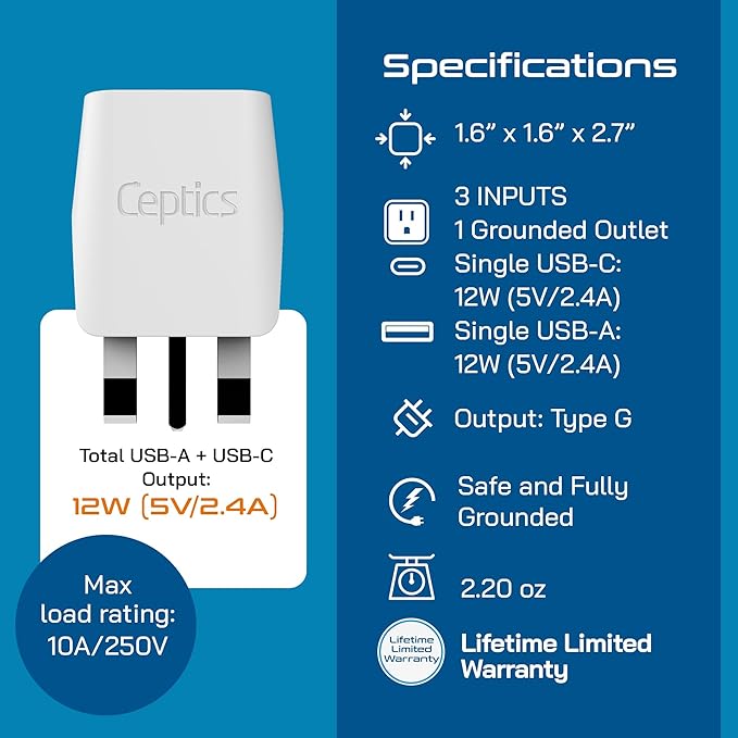 Ceptics UK adapters for travel to London, UAE, Hong Kong - USB-A, USB-C & USA Input - Compact Grounded Type G Plug - Use with Phones, Laptops,Cameras