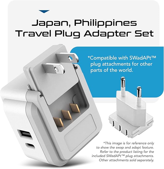 Ceptics Japan, Philippines Power Travel Plug Adapter Set, 20W PD & QC, Safe Dual USB & USB-C 3.1A - 2 USA Socket - Compact - Use in USA, Bahamas, Canada Includes Type A, Type B Swadapt Attachments