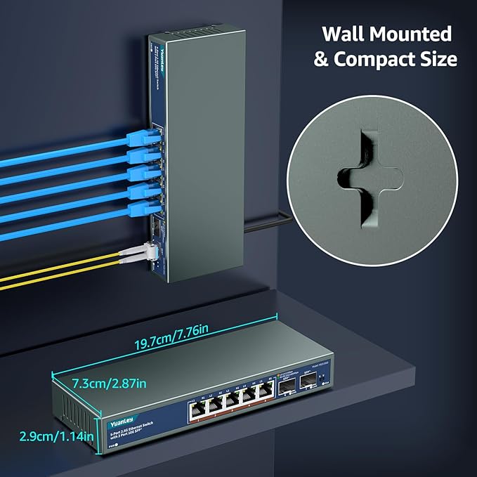 7 Port 2.5G Unmanaged Ethernet Switch, 5 x 2.5G Base-T Ports, 2 x 10G SFP, Compatible with 100/1000/2500Mbps, VLAN, Fanless, Desktop/Wall Mount YuanLey 2.5Gbe Network Switch for Wireless AP, NAS, PC
