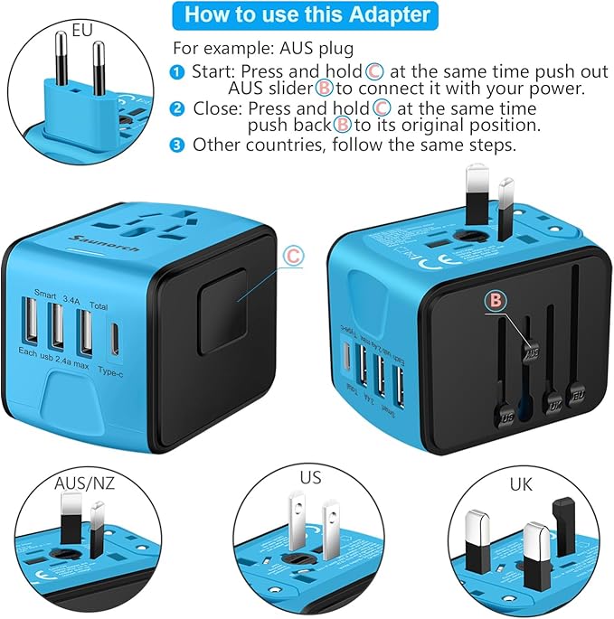 Travel Adapter Worldwide, Universal International Power Plug Adapter W/2.4A 3xUSB-A and 3.0A Type-C Wall Charger, European Travel Plug Adapter for Europe UK EU US CA AU Italy Asia-Blue