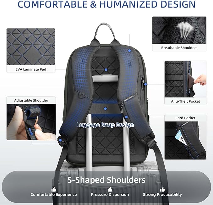 Business Backpack Computer Bag for 15.6 Inch Laptop for Men Women with USB Charging Port Water-Resistant Anti-theft Luggage Backpack Suitcase Casual Daypack for College Weekender Hikking Travel-Green