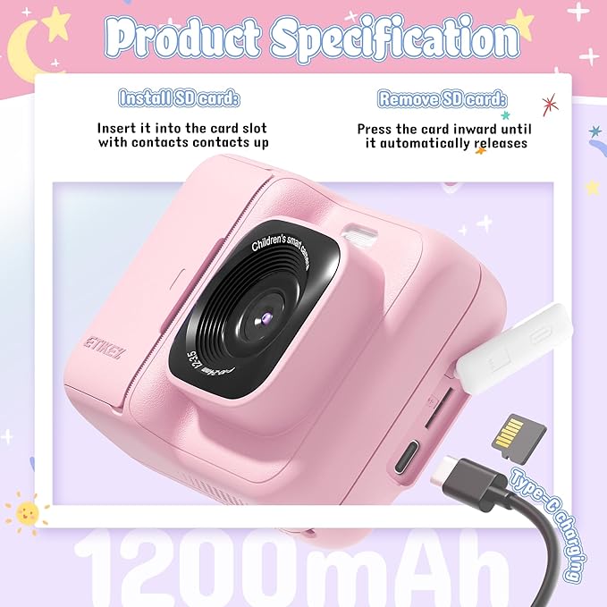 Kids Camera, 1080P Instant Digital Print Camera for Kids, Christmas Birthday Gifts for 4 5 6 7 8 9 10 Year Old Girls Boys, Portable Toy with 32GB SD Card & 3 Rolls Printing Paper, 1 Count, Pink