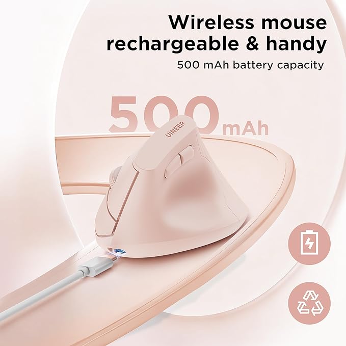 Uineer Ergonomic Wireless Mouse Pink,Bluetooth Vertical Mouse with BT5.0/4.0/2.4G, Rechargeable with Battery Indicator,Ergonomic Design for Comfort and Reduced Wrist Strain for Home,Office Use Pink