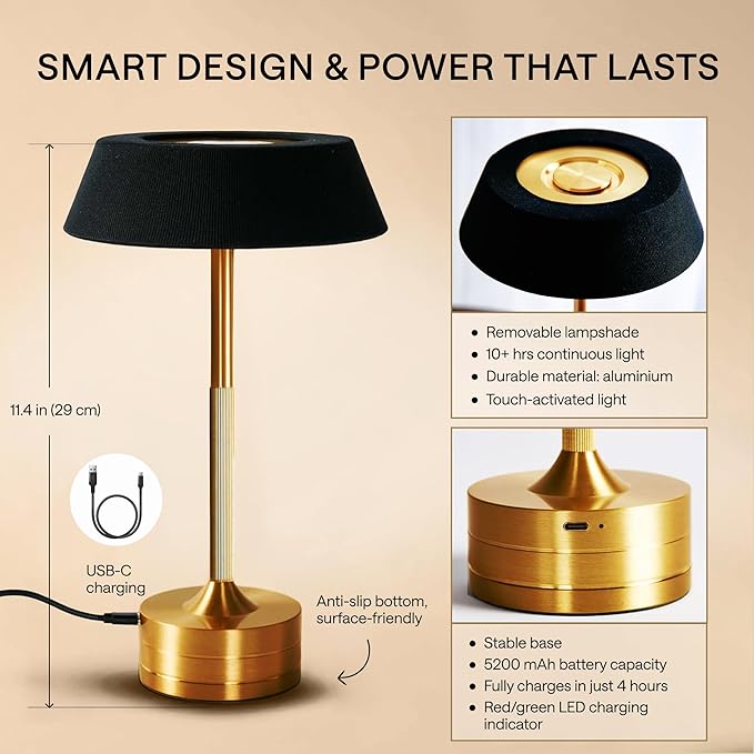 LED Cordless Table Lamp - Rechargeable Light for Home, Bedside, Kitchen - Small Dimmable Tap Lights - Battery Powered Touch Lamp for Desk Wireless - Black and Gold Lamp Shades, IP44, USB Type C Cable