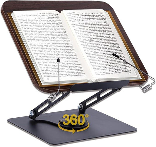 ASIEIT Book Stand for Reading, Adjustable Book Holder with 360° Rotating Bases & Elastic Page Clips, Foldable Bible Stand, Portable Reading Stand for Bible, Recipe, Magazine, Tablets, Laptops, Brown