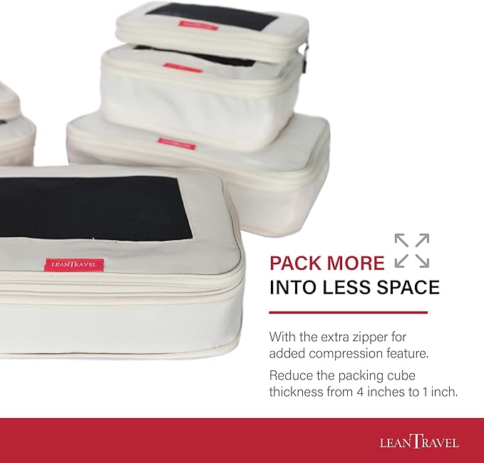 LeanTravel Compression Packing Cubes for Travel Organizers with Double Zipper (3-Pack (2L+1M), Sand)