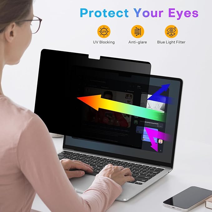 OMOTON Magnetic Privacy Screen for MacBook Air 13.6/13 Inch (2022-2025, M2, M3, M4), Anti-Spy Filter, Matte Anti Glare Blue Light Protector, Easy Install & Remove