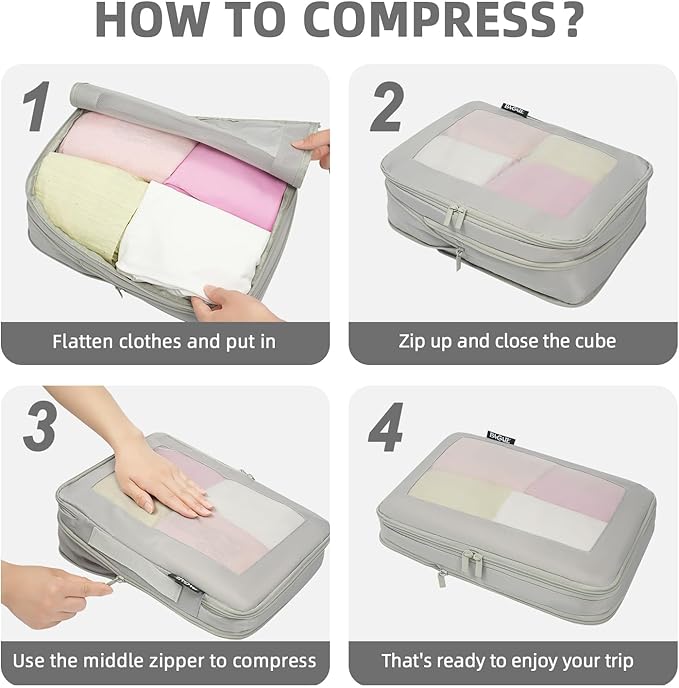 BAGAIL 4 Set/6 Set/8 Set Compression Packing Cubes Travel Accessories Expandable Packing Organizers (Square Mesh, 06-Grey)