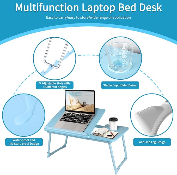 CloudTrip Laptop Desk for Bed or Couch, Lap Desk, Home office Desks, Breakfast Tray Desk, Desk with Cup Holder, Watching Movies in Bed, laptop stand for bed, Lap Desk, Fordable Legs Desk (blue) (Blue)