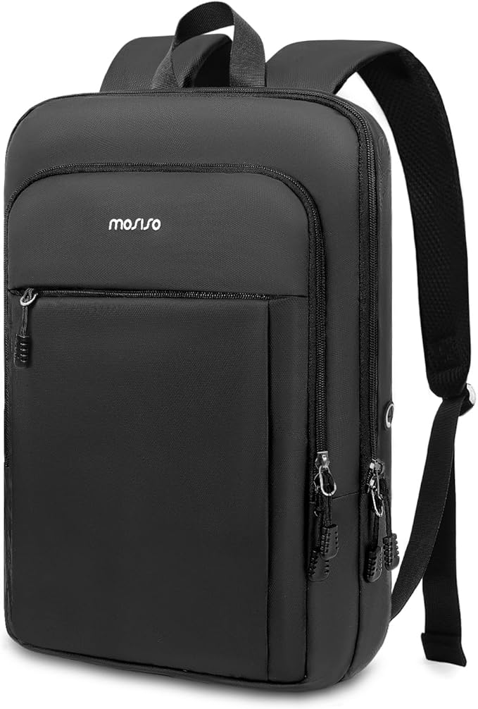 MOSISO Laptop Backpack for Men, Slim Lightweight Compact Computer Backpack for College Work Business Office Travel, 15.6 inch Waterproof Commute Laptop Bag Casual Daypack with Luggage Strap, Black