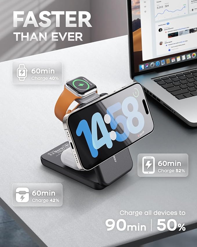 RORRY Portable Charger, 3-in-1 Charging Station 10000mAh Portable Charger Power Bank for MagSafe Foldable Battery Pack Travel for iPhone 16/15/14/13/12, for Apple Watch 10/9/8/7/6/5/Ultra/2, Black