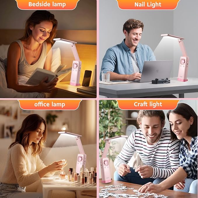 VAVOFO Cute Desk Lamp, Foldable & Portable LED Lamp with 6000mAh Rechargeable Battery, 3 Color Modes, USB-C Cordless Study Lamp for Bedroom, Office, Kids Room (Pink)