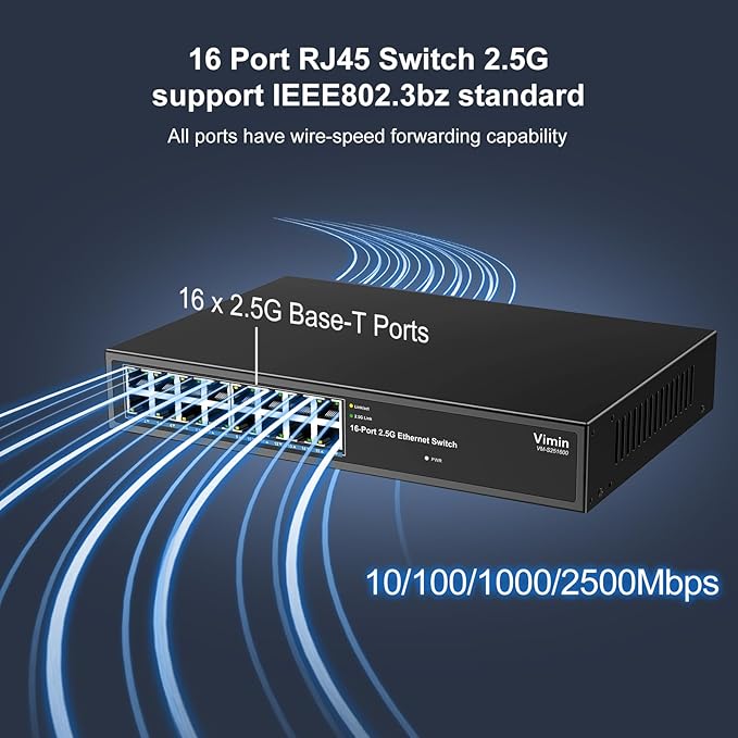 2.5G Switch Unmanaged, Vimin 16 Port 2.5GB Base-T Ethernet Switch, 2.5Gb Network Switch Plug & Play, Compatible with 10/100/1000/2500Mbps, Metal Housing, Fanless, for 2.5Gbps NAS, Wireless AP & PC