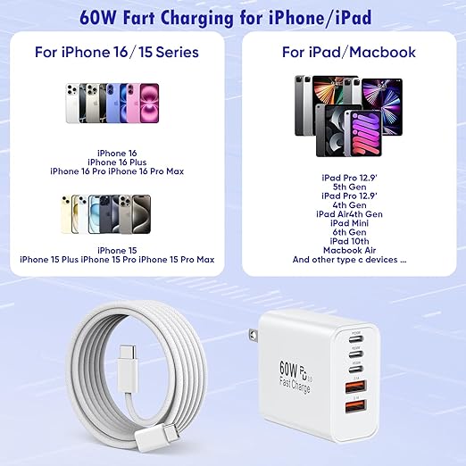 iPhone 17/16 Fast Charger Block,2 Pack 60W USB Charging Block 5-Port Charge Adapter for Apple iPhone Charger with 6FT USB C Woven Fast Charging Cable for iPhone17/16e/16Pro/15ProMax, iPad Pro/Air/Mini