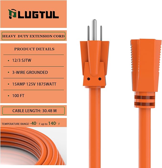 PLUGTUL 100 FT 12/3 Outdoor Extension Cord Waterproof, Heavy Duty 12 Gauge SJTW Extension Cord, 15A 1875W, ETL Listed, Great for Garden and Home, Orange