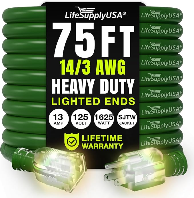75ft Outdoor/Indoor Extension Cord 14/3 Gauge Heavy Duty 3 Prong SJTW, Waterproof, Flexible Cold-Resistant Long Power Cord,13A 125V 1625W, Green by LifeSupplyUSA