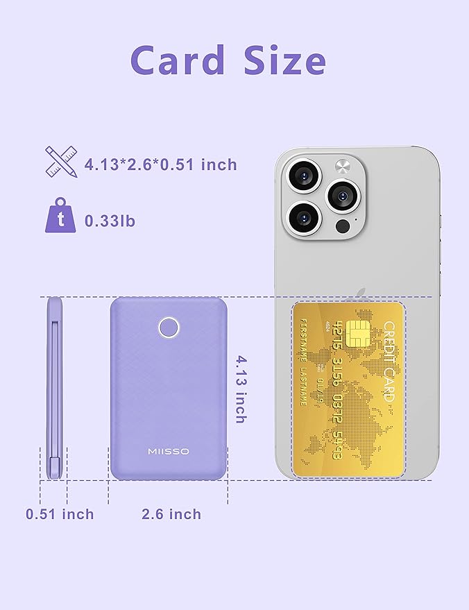 miisso 6000mah Ultra Slim Built in Cables Power Bank, Card Size Built in USB C Cords Battery Pack Portable Charger for Phones, 3 Output External Battery Pack Compatible with iPhone, Samsung, Purple