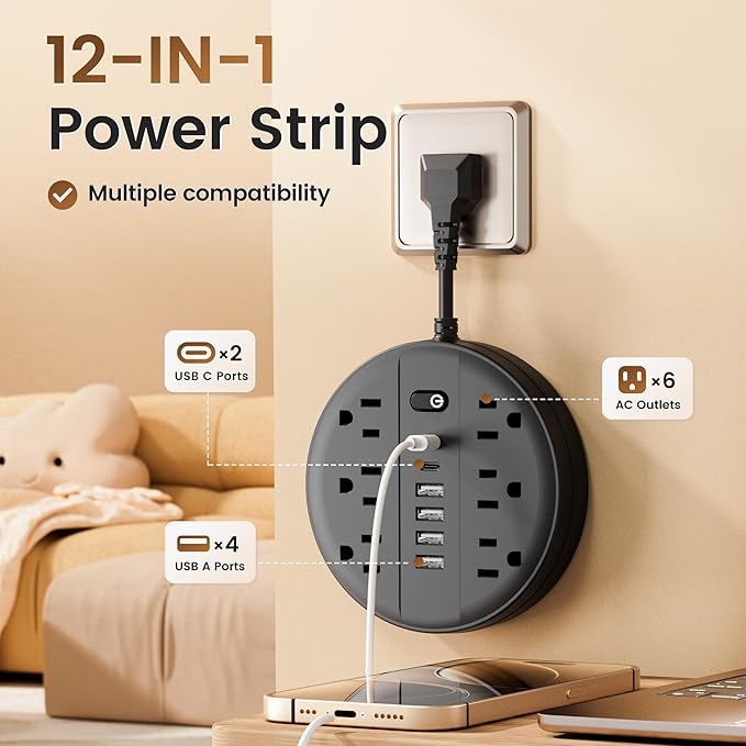 Surge Protector Power Strip, Extension Cord with 6 AC Outlets, 6 USB Ports (2 USB C) & Control Switch, Short Cord Outlet Extender, Wall Mountable Multiple Outlets for Office Home Travel RV, Black