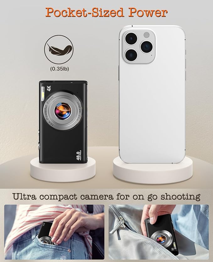 Digital Camera, 4K Vlogging Camera for YouTube Autofocus Cameras for Photography with 16X Digital Zoom, 48MP Compact Point and Shoot Digital Camera for Teens Adult with 32GB SD Card, 2 Batteries-Black