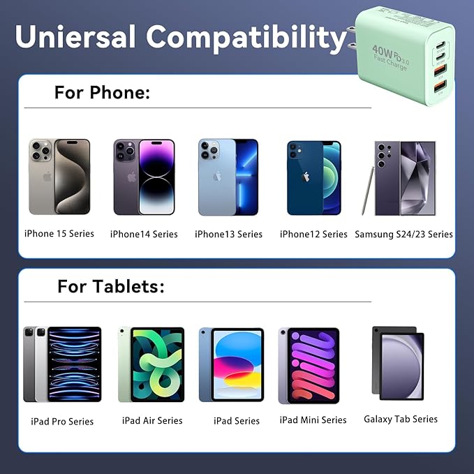 USB C Wall Fast Charger Block, 40W 4-Port Type C Chargers Fast Charging Blocks PD Power Charger Adapter+QC 3.0 USB Multiport Charger Brick for Phone 17/16/15/14/13/12 Pro Max, i-Pad, Galaxy S25-2Pack