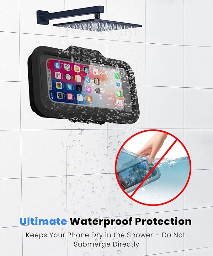 URROY Shower Phone Holder Waterproof One-Touch Open Shower Phone Case Anti-Fog & Sensitive Touchscreen Bathroom Wall Phone Mount Stand Universal Fit for iPhone & Smartphones Gift for Men Women Black