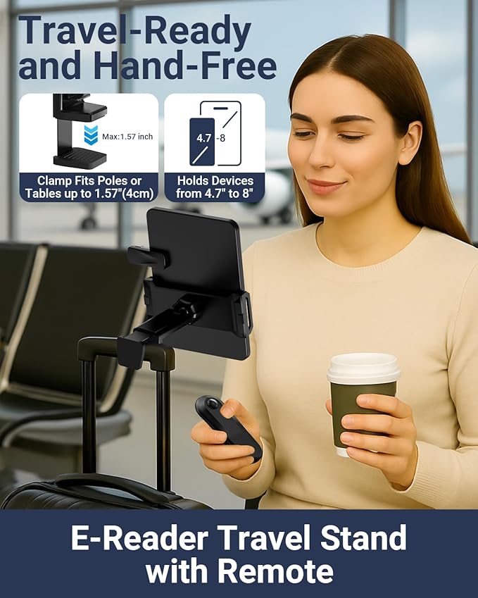 Kindle Travel Stand with Remote Page Turner – Foldable Kindle Holder and Clicker for Hands-Free Reading on Airplanes, Commutes & Camping