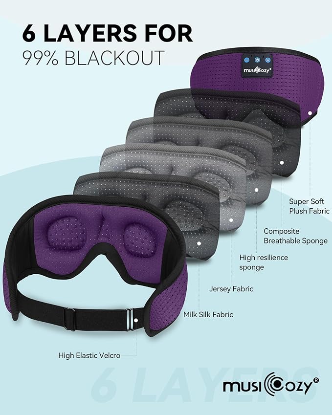 MUSICOZY 3D Sleep Headphones Mask Sleeping Headphones for Side Sleepers Eye Mask, Wireless Bluetooth Headband Headphones Cool Gadgets Unique Gifts(Purple)