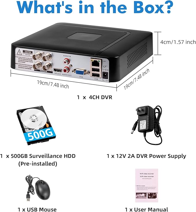 Fuers 5MP 4 Channel DVR with 500G HDD for Home Security Camera System with AI Human Detection, Hybrid 6-in-1(CVBS/XVI,AHD,TVI,CVI,IP) Surveillance CCTV DVR Recorder, Remote Access, Email Alarm