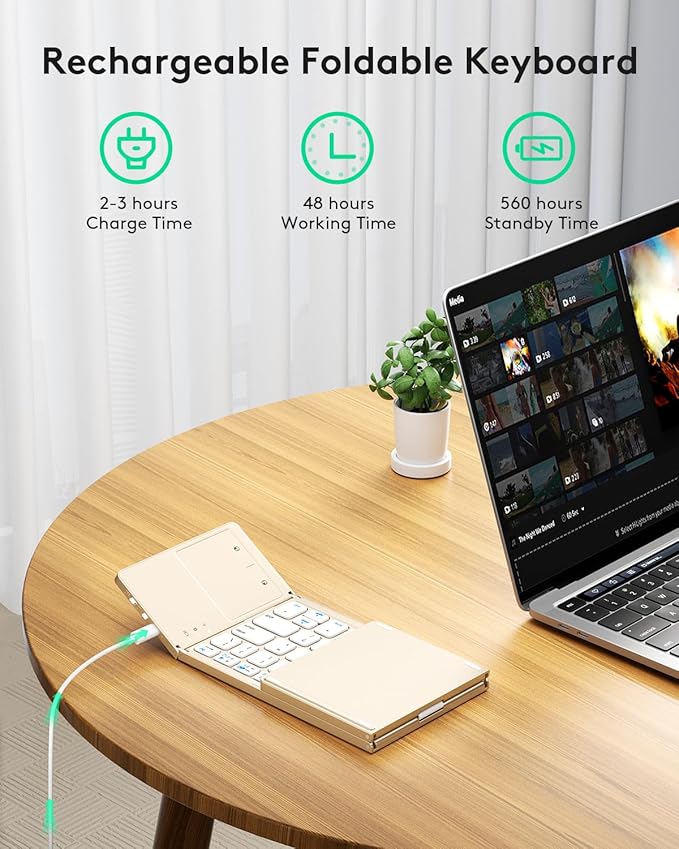 Samsers Multi-Device Foldable Bluetooth Keyboard with Touchpad, Rechargeable Dual-Mode(2.4G+BTx2) Wireless Keyboard with Holder, Portable Folding Keyboards for Android Windows iOS Mac OS - Gold