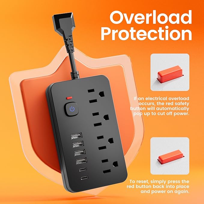 Power Strip Surge Protector Extension Cord - Chiefway 4 AC Outlets, 6 USB Ports (2 USB C) Short Cord Outlet Extender, with One-Touch Switch, Wall Mountable for Home Office Travel Dorm, Black