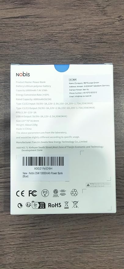 NOBIS Portable Charger, 10000mAh Power Bank Fast Charging, Battery Pack with C to C Cable, Battery Bank with Digital Display for iPhone iPad Android etc (Blue, 35W)