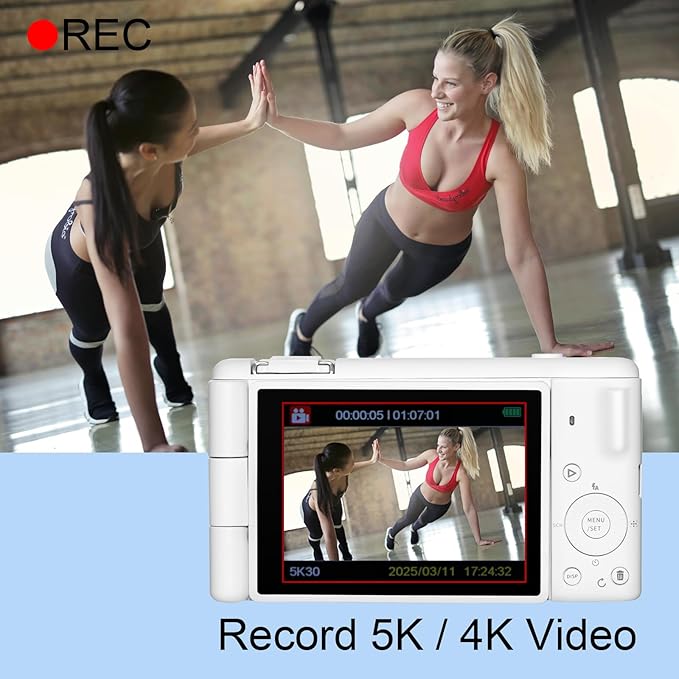 5K 4K Digital Camera with Flip Screen Flash, 80MP 18X Zoom Autofocus Compact Point and Shoot Digital Cameras for Teens, Beginners, Photography, Vlogging, Travel with 2 Batteries (White)