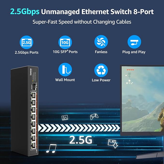 8 Port 2.5G Unmanaged Desktop Ethernet Switch with 10G SFP, 8 x 2.5G Base-T Ports, 60Gbps Switching Capacity, Compatible with 100/1000/2500Mbps, Metal Fanless, YuanLey 2.5Gbe Network Switch Wall Mount