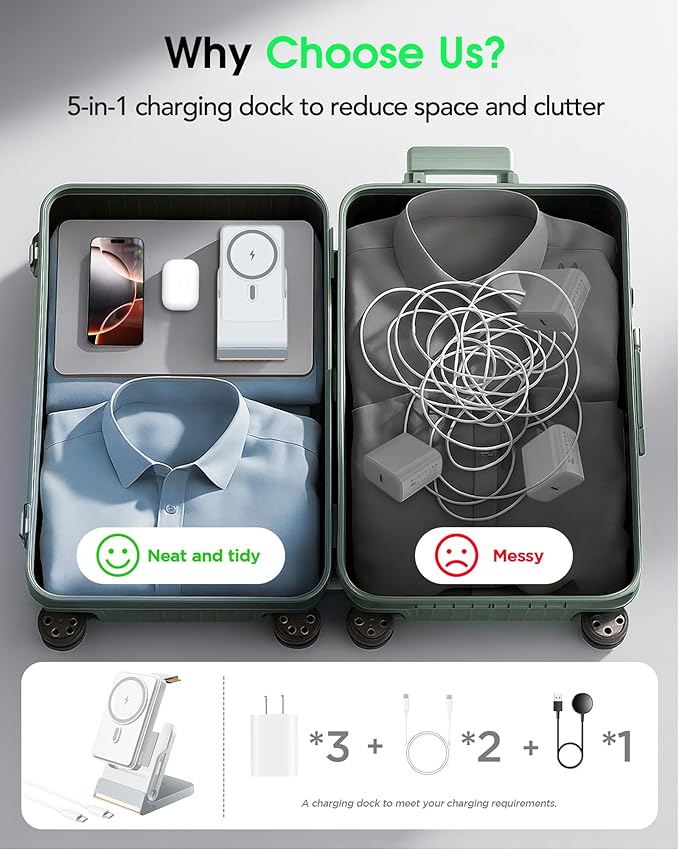 Magnetic Power Bank with MagSafe, 10000mAh Portable Battery Pack for iPhone 17, 5 in 1 Foldable Charging Station with iWatch Charger for i Phone 17/16/15/14&AirPods, Wireless Travel Gift for Men&Women