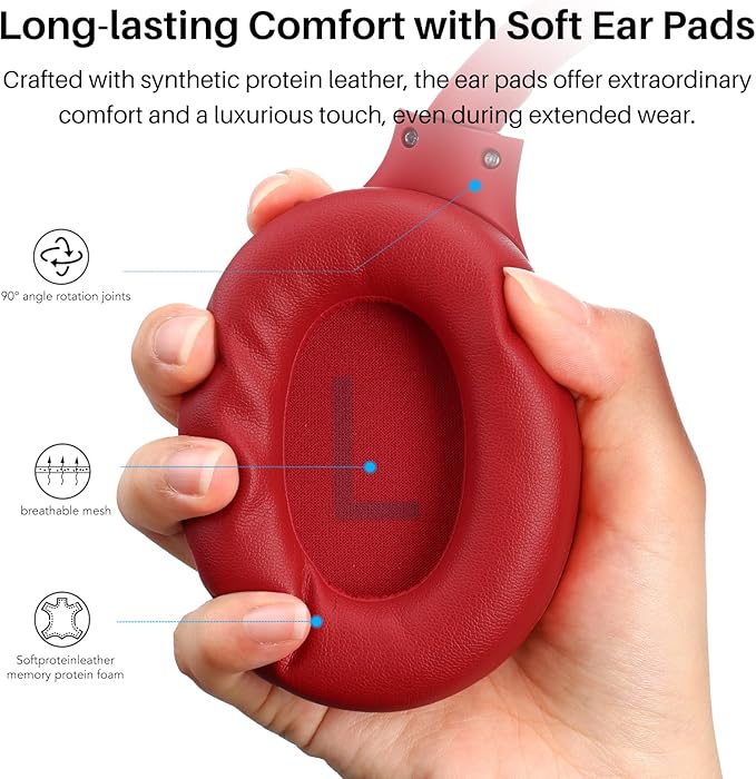 TOZO HT2 Hybrid Active Noise Cancelling Headphones, Wireless Over Ear Bluetooth Headset, 60H Playtime, Hi-Res Audio Custom EQ via App Deep Bass Comfort Fit Ear Cups, for Home Office Travel Dark Red